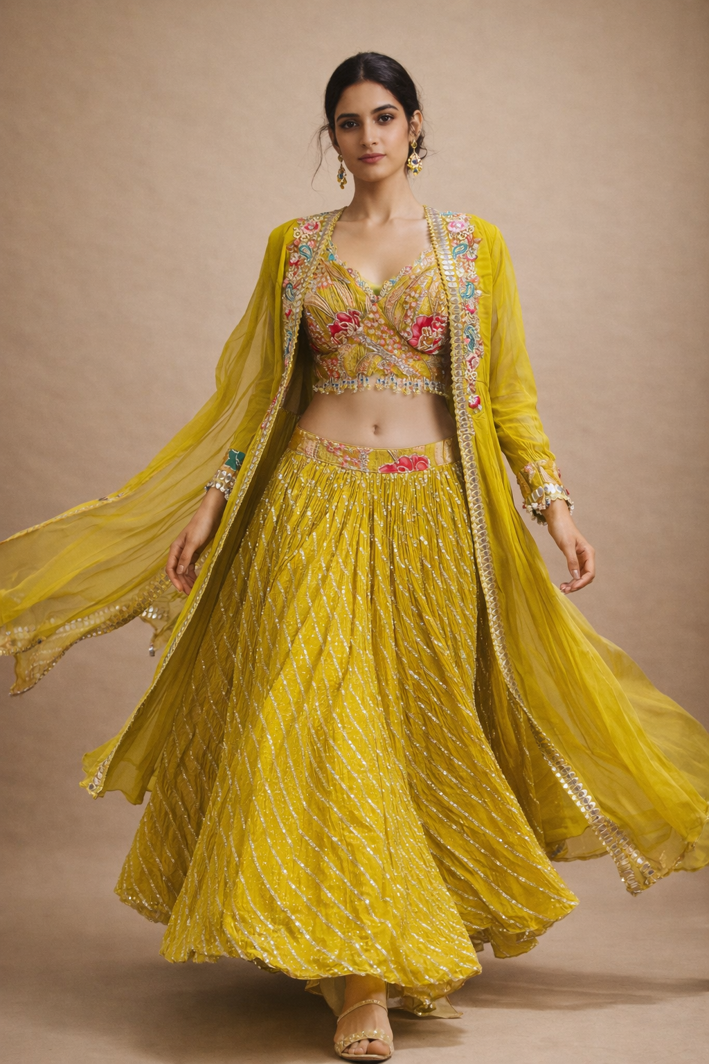 Mustard Yellow Embroidered Lehenga Choli with Floral Blouse, Sequin Work Skirt & Sheer Jacket