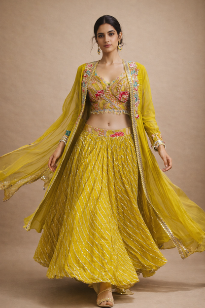 Mustard Yellow Embroidered Lehenga Choli with Floral Blouse, Sequin Work Skirt & Sheer Jacket