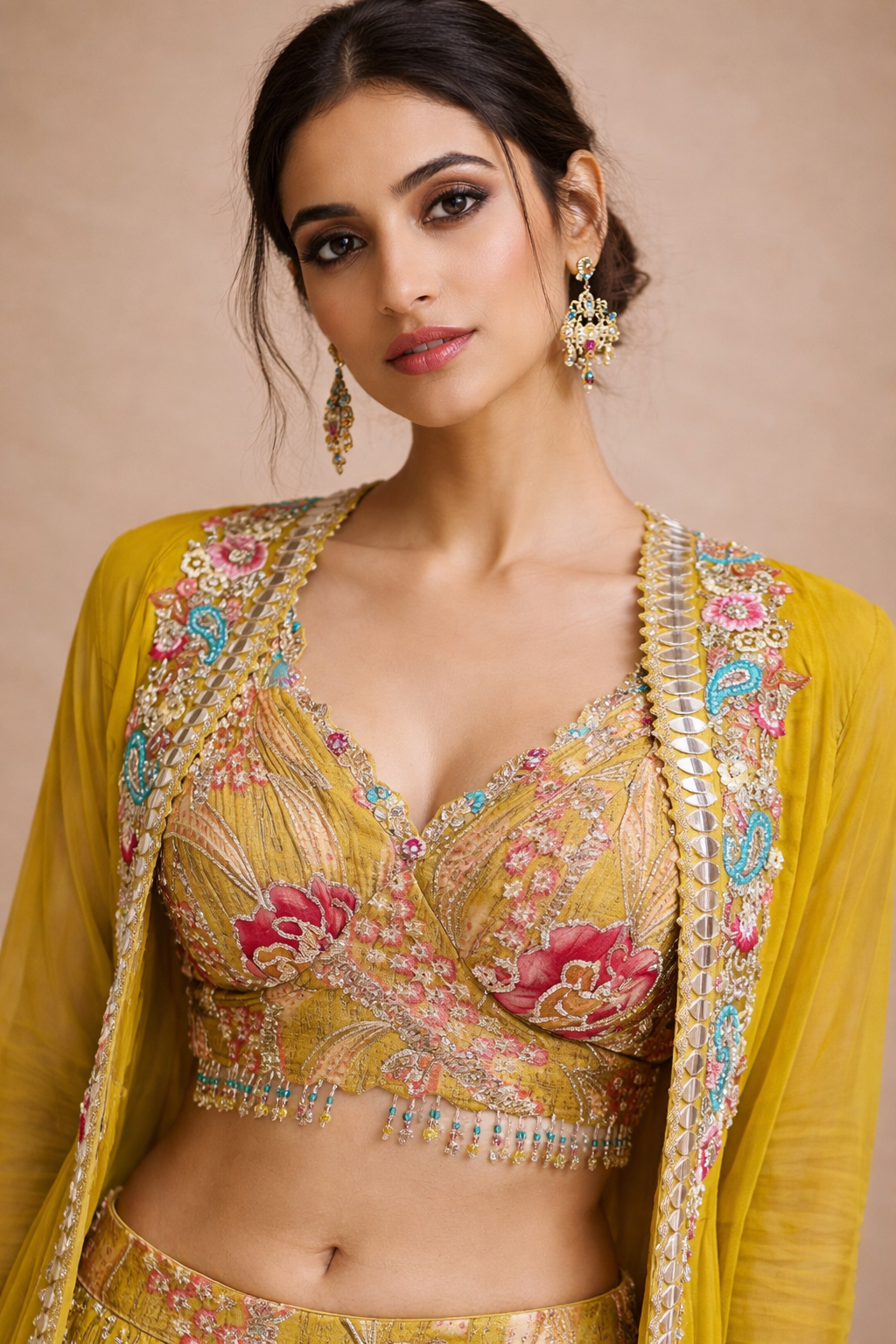 Mustard Yellow Embroidered Lehenga Choli with Floral Blouse, Sequin Work Skirt & Sheer Jacket