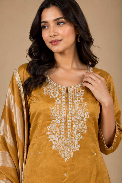 Mustard Yellow Embroidered Silk Kurta Sharara Set