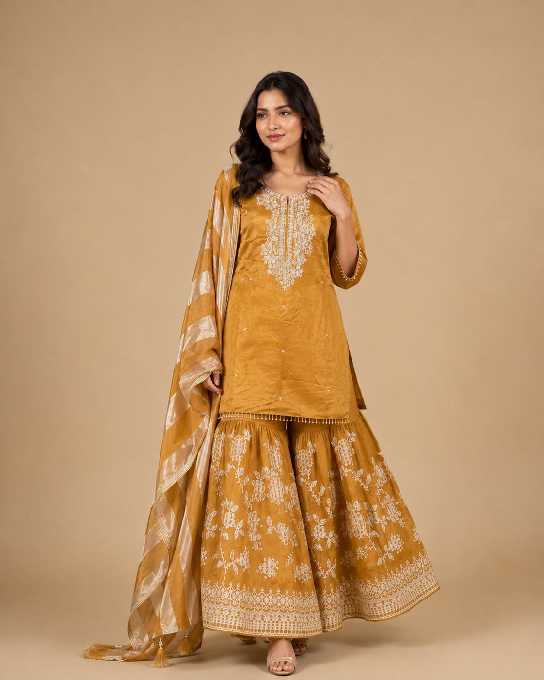 Mustard Yellow Embroidered Silk Kurta Sharara Set