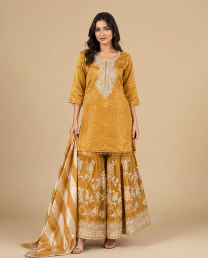 Mustard Yellow Embroidered Silk Kurta Sharara Set