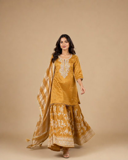 Mustard Yellow Embroidered Silk Kurta Sharara Set