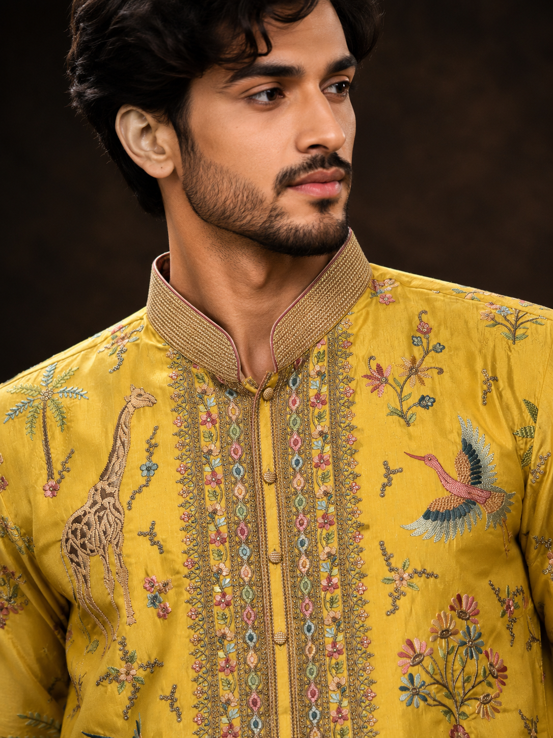 Mustard Yellow Embroidered Silk Kurta for Men with Wildlife and Floral Motif Design