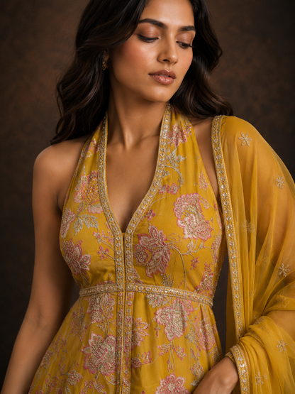 Mustard Yellow Floral Embroidered Halter Neck Peplum Kurta with Printed Sharara and Dupatta Set