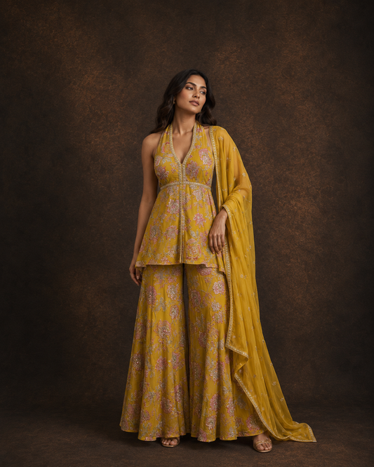 Mustard Yellow Floral Embroidered Halter Neck Peplum Kurta with Printed Sharara and Dupatta Set