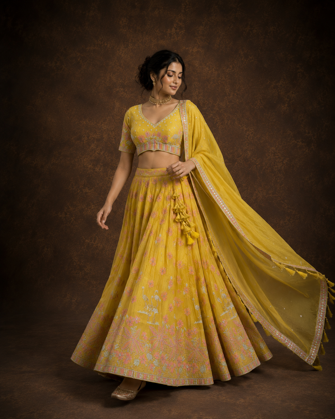 Mustard Yellow Floral Embroidered Silk Lehenga Set