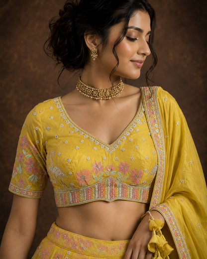 Mustard Yellow Floral Embroidered Silk Lehenga Set