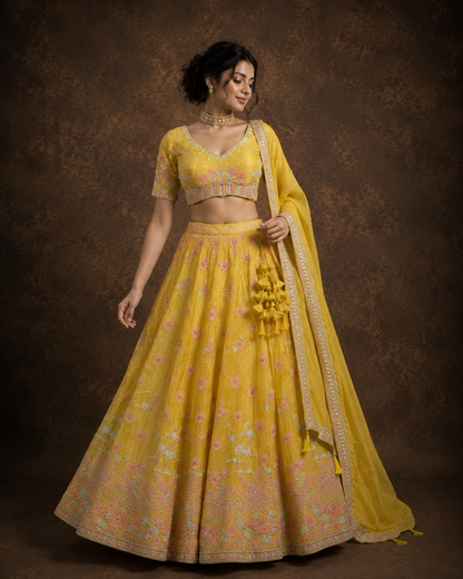 Mustard Yellow Floral Embroidered Silk Lehenga Set