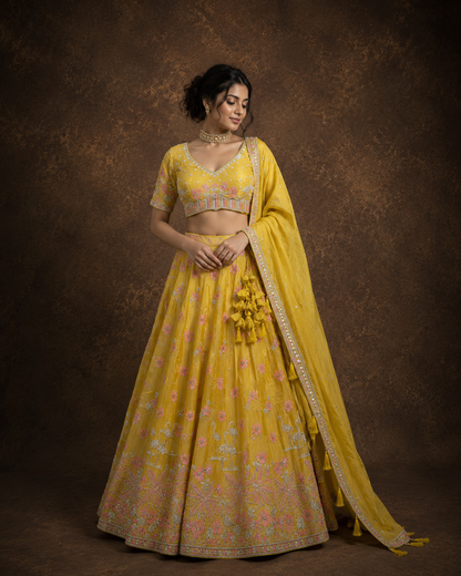 Mustard Yellow Floral Embroidered Silk Lehenga Set