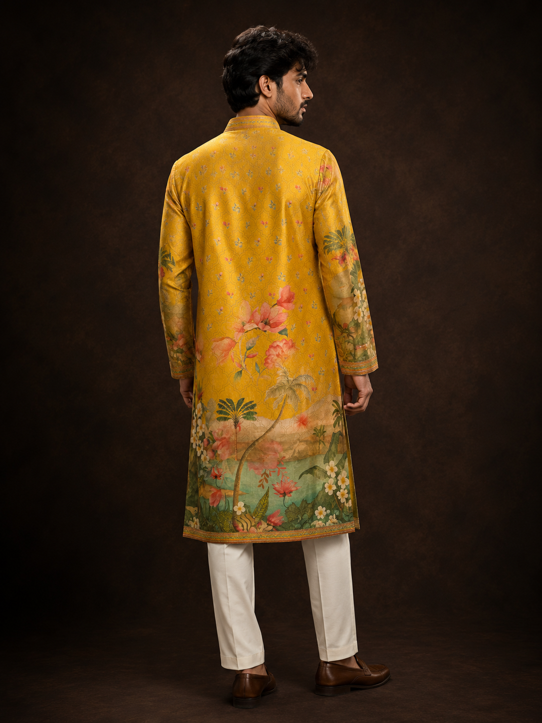 Mustard Yellow Floral Printed Silk Kurta for Men with Tropical Landscape Design