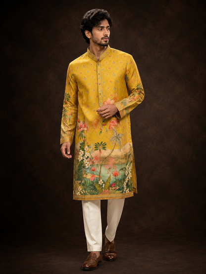 Mustard Yellow Floral Printed Silk Kurta for Men with Tropical Landscape Design