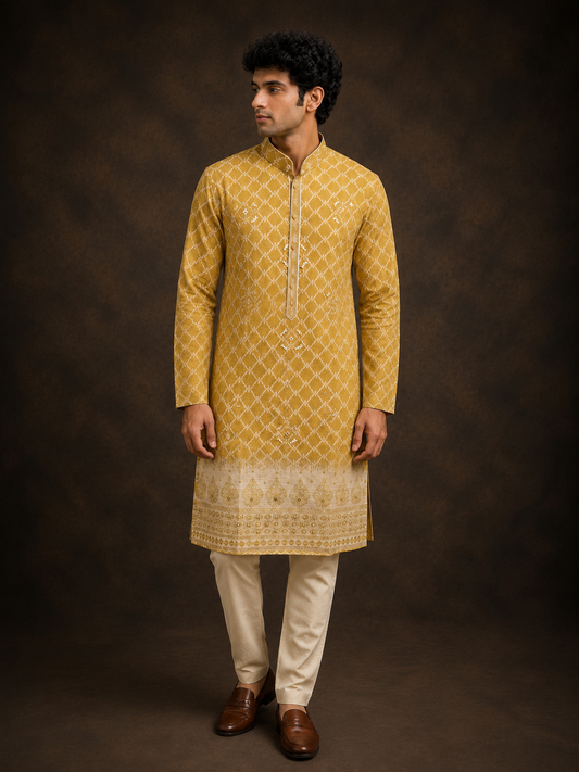 Mustard Yellow Geometric Jacquard Silk Blend Men’s Kurta with Woven Ethnic Border
