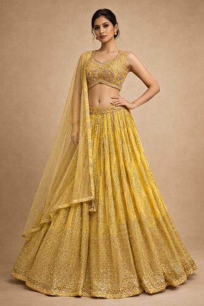 Mustard Yellow Gold Embroidered Lehenga Set with Sequin Work