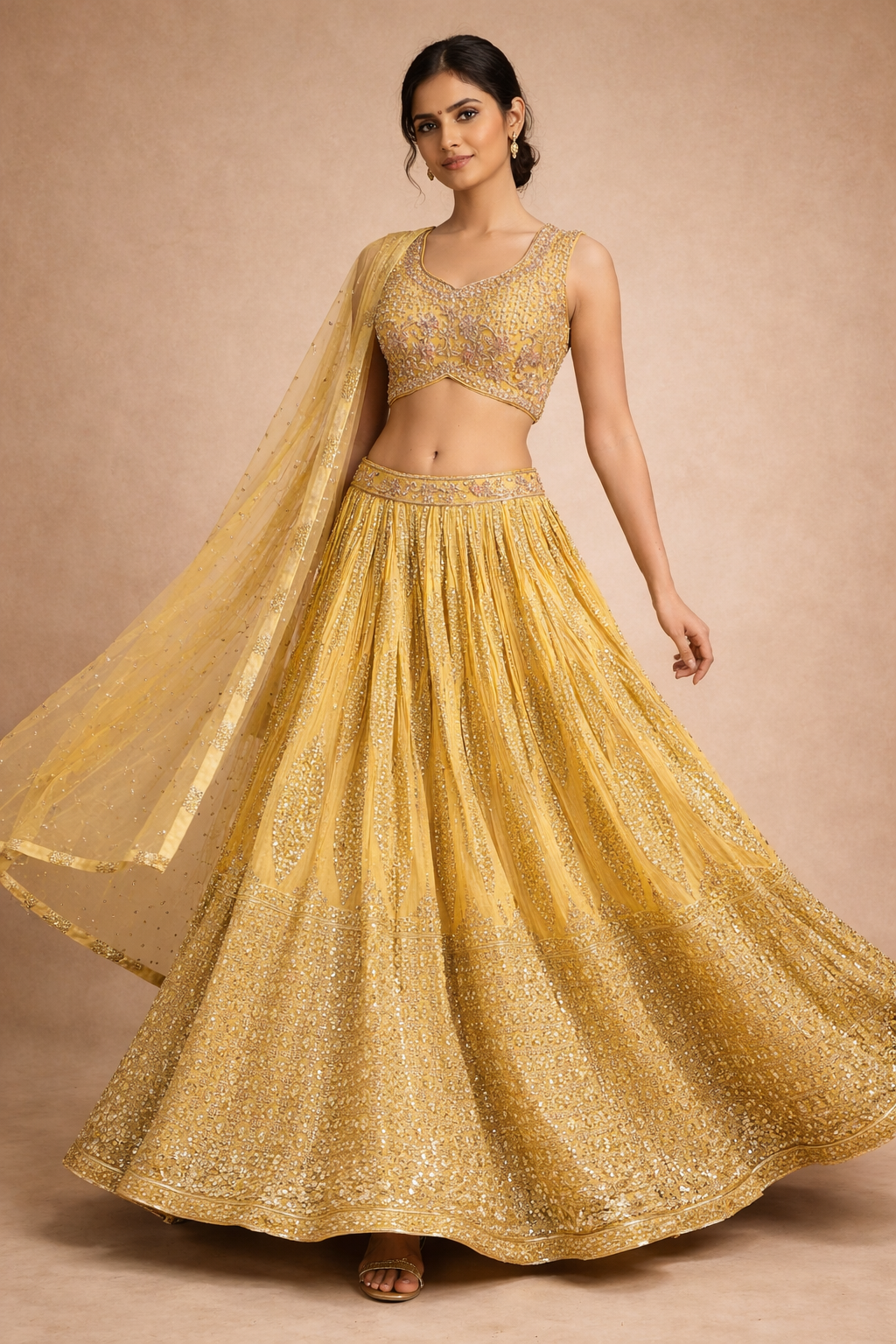 Mustard Yellow Gold Embroidered Lehenga Set with Sequin Work