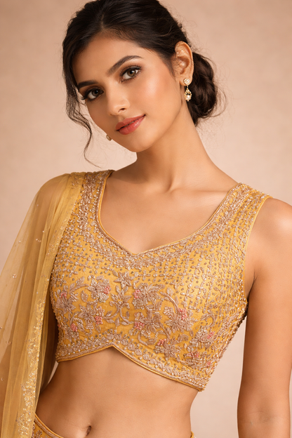 Mustard Yellow Gold Embroidered Lehenga Set with Sequin Work