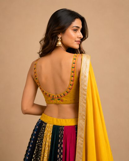 Mustard Yellow Multicolor Embroidered Gujarati Navratri Chaniya Choli