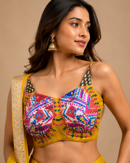 Mustard Yellow Multicolor Embroidered Gujarati Navratri Chaniya Choli
