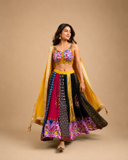 Mustard Yellow Multicolor Embroidered Gujarati Navratri Chaniya Choli