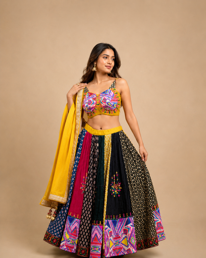 Mustard Yellow Multicolor Embroidered Gujarati Navratri Chaniya Choli