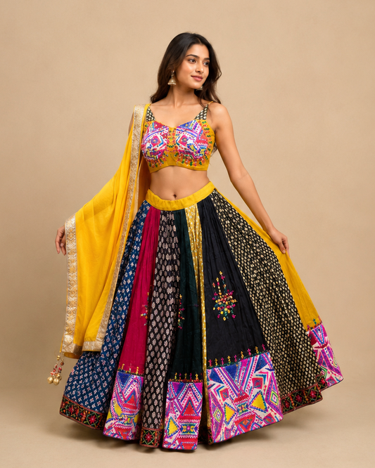Mustard Yellow Multicolor Embroidered Gujarati Navratri Chaniya Choli