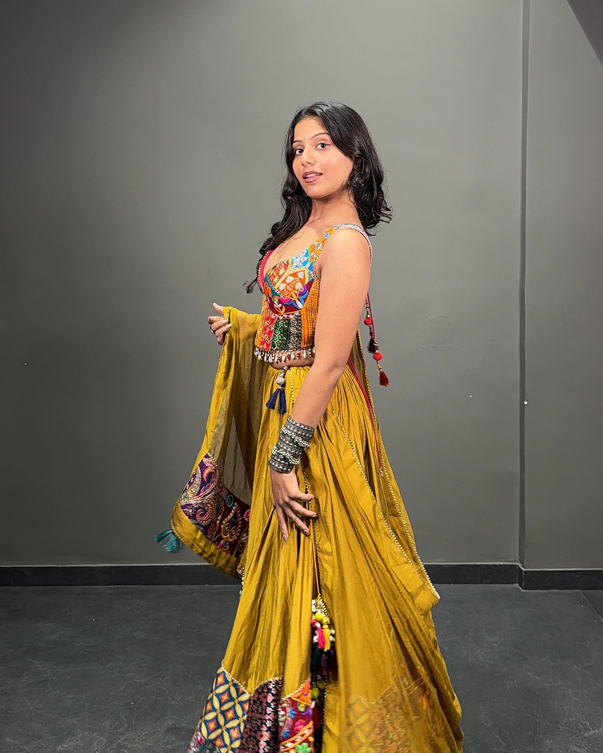 Mustard Yellow Multicolour Embroidered Chaniya Choli