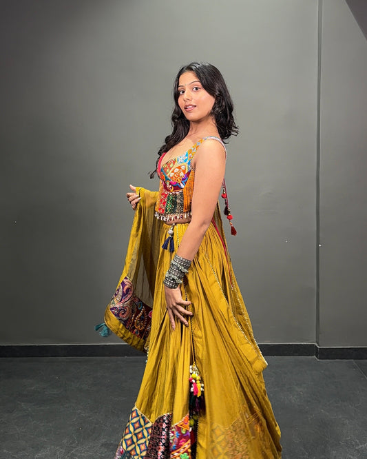 Mustard Yellow Multicolour Embroidered Chaniya Choli