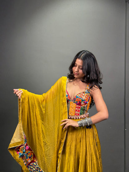 Mustard Yellow Multicolour Embroidered Chaniya Choli