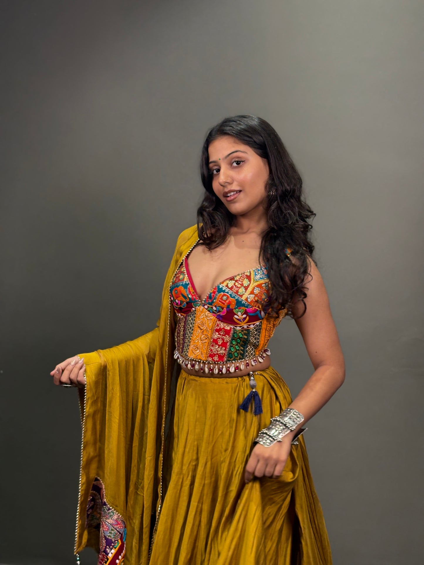 Mustard Yellow Multicolour Embroidered Chaniya Choli