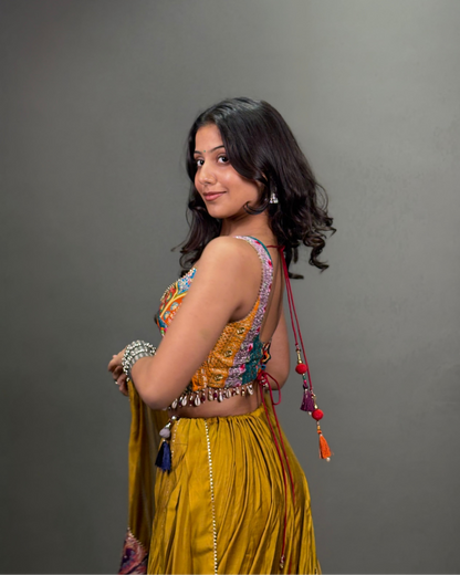 Mustard Yellow Multicolour Embroidered Chaniya Choli