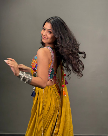 Mustard Yellow Multicolour Embroidered Chaniya Choli