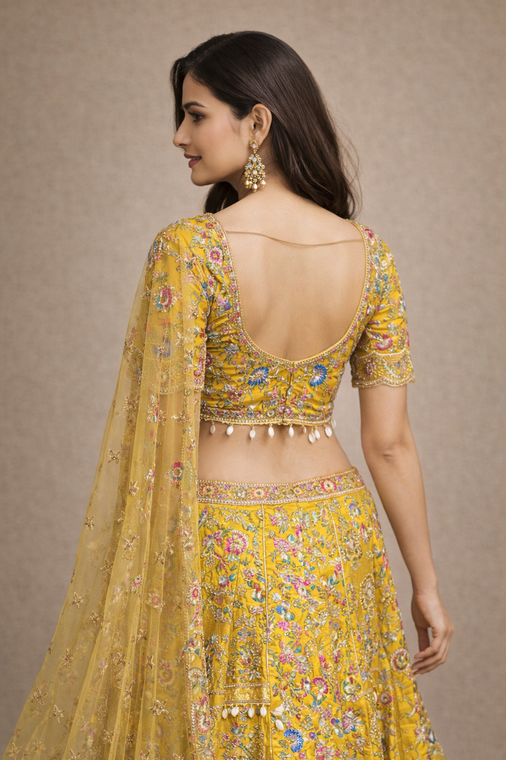 Mustard Yellow Multicolour Floral Embroidered Bridal Lehenga Set
