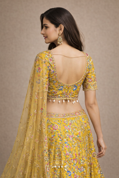 Mustard Yellow Multicolour Floral Embroidered Bridal Lehenga Set