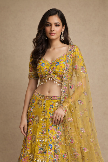 Mustard Yellow Multicolour Floral Embroidered Bridal Lehenga Set