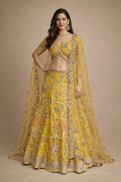 Mustard Yellow Multicolour Floral Embroidered Bridal Lehenga Set