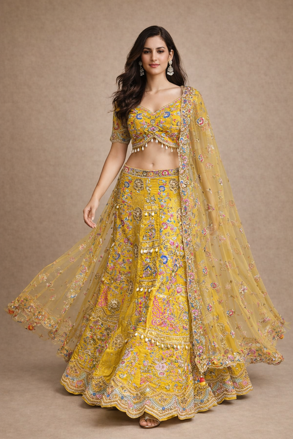 Mustard Yellow Multicolour Floral Embroidered Bridal Lehenga Set