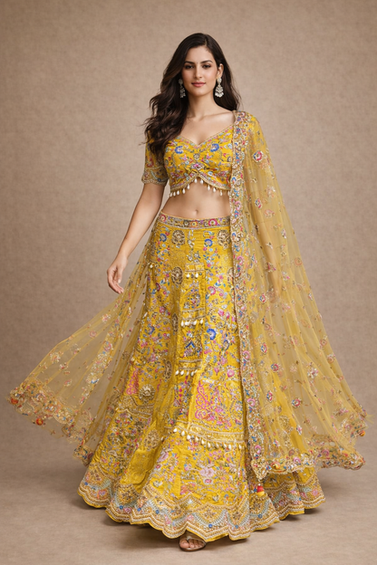 Mustard Yellow Multicolour Floral Embroidered Bridal Lehenga Set