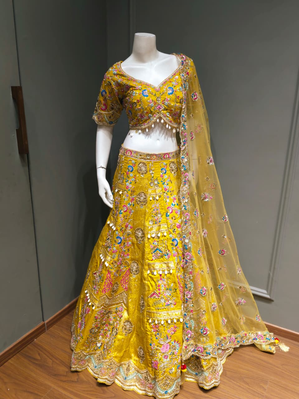 Mustard Yellow Multicolour Floral Embroidered Bridal Lehenga Set
