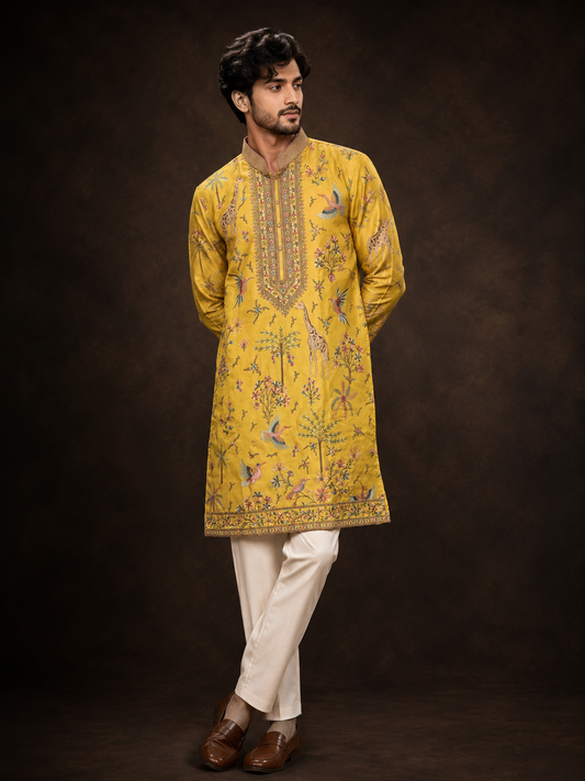 Mustard Yellow Nature Inspired Printed Kurta for Men with Botanical and Wildlife Designer Artwork