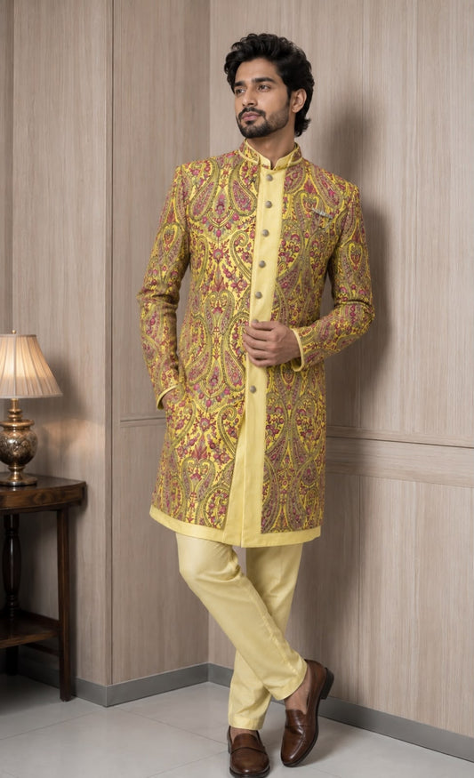 Mustard Yellow Paisley Printed Indo Western with Mandarin Collar and Heritage Motifs