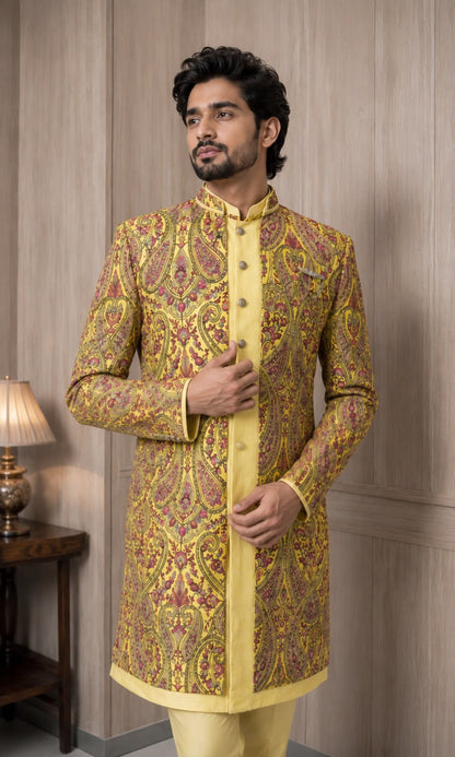 Mustard Yellow Paisley Printed Indo Western with Mandarin Collar and Heritage Motifs
