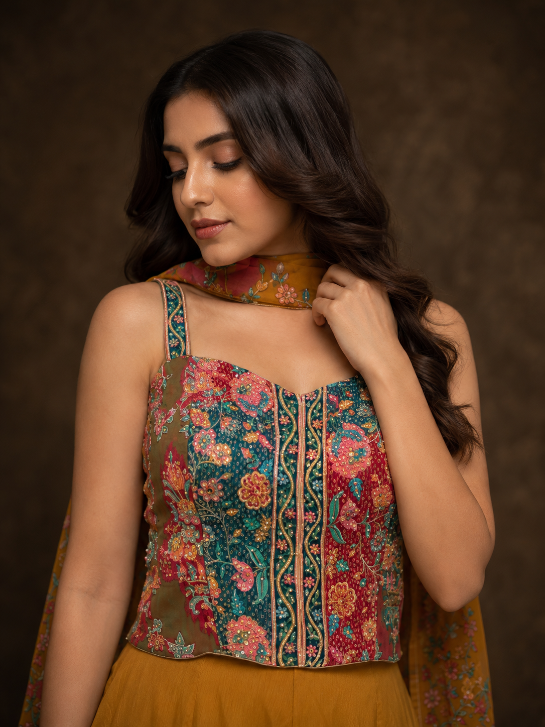 Mustard Yellow Printed Crop Top and Flared Skirt Set with Floral Dupatta