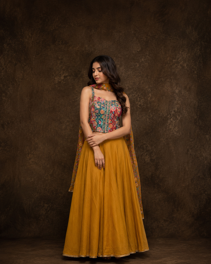 Mustard Yellow Printed Crop Top and Flared Skirt Set with Floral Dupatta