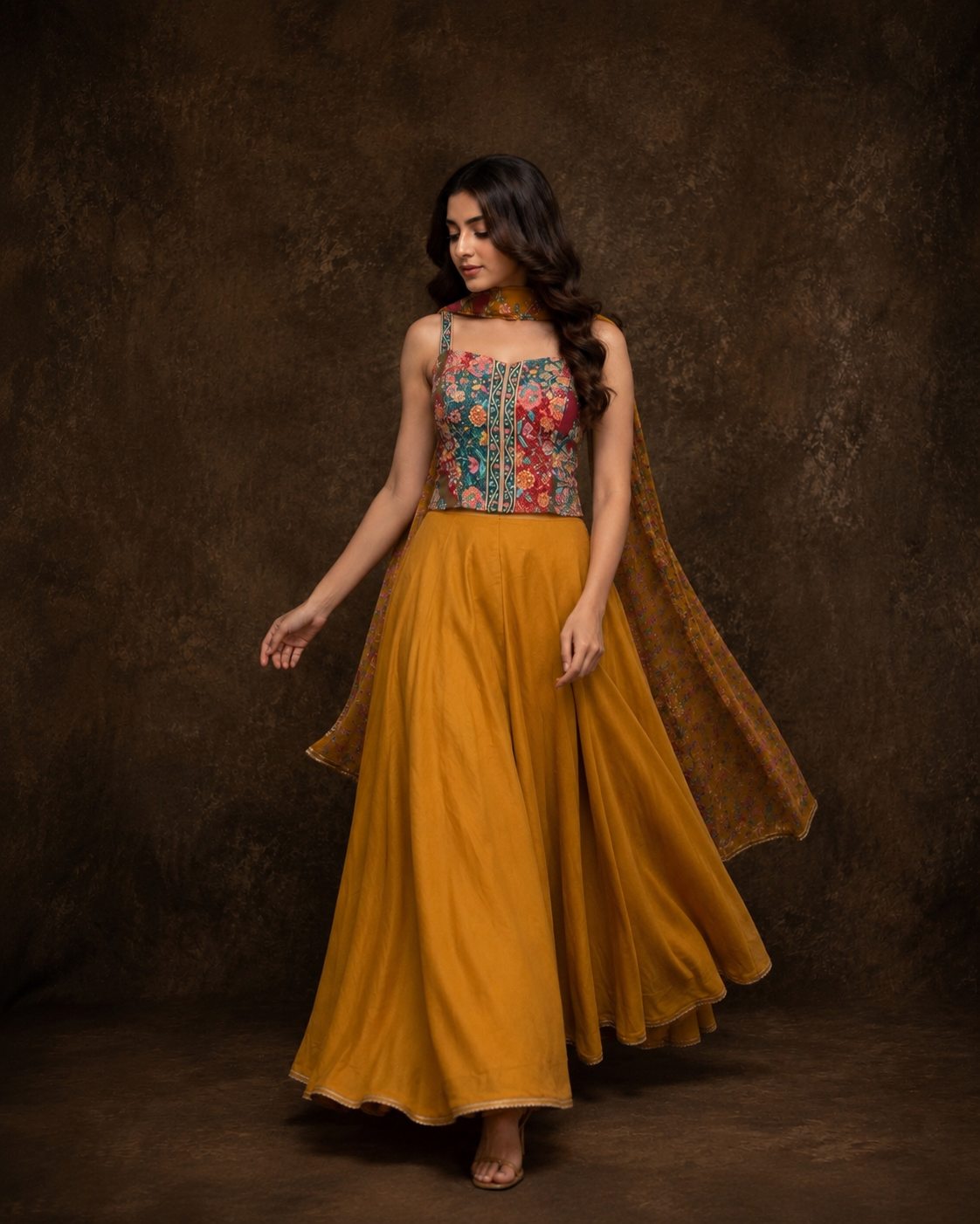 Mustard Yellow Printed Crop Top and Flared Skirt Set with Floral Dupatta