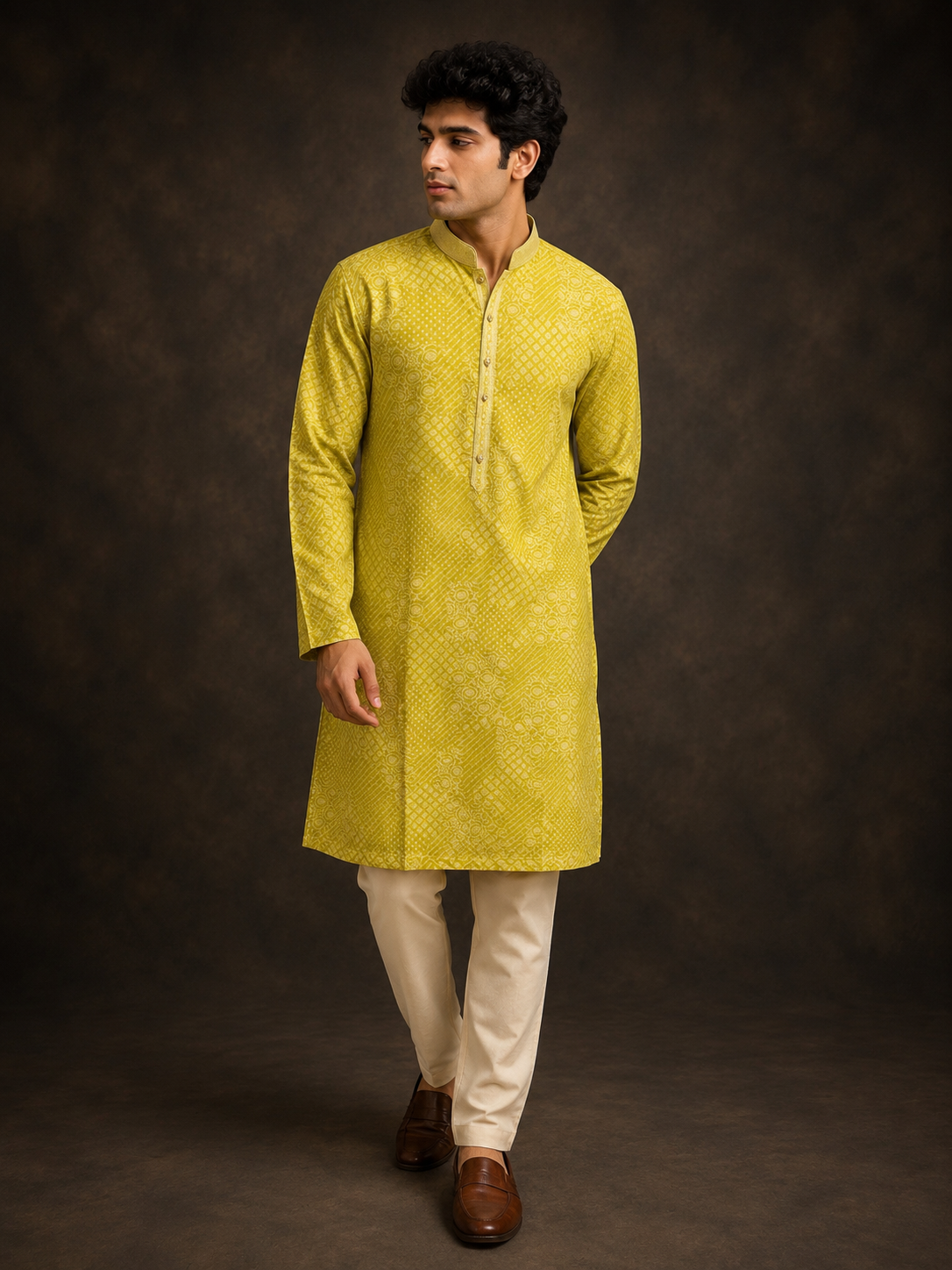 Mustard Yellow Self Pattern Printed Kurta with Tonal Geometric Design