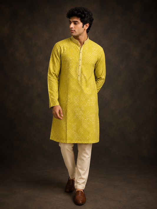 Mustard Yellow Self Pattern Printed Kurta with Tonal Geometric Design