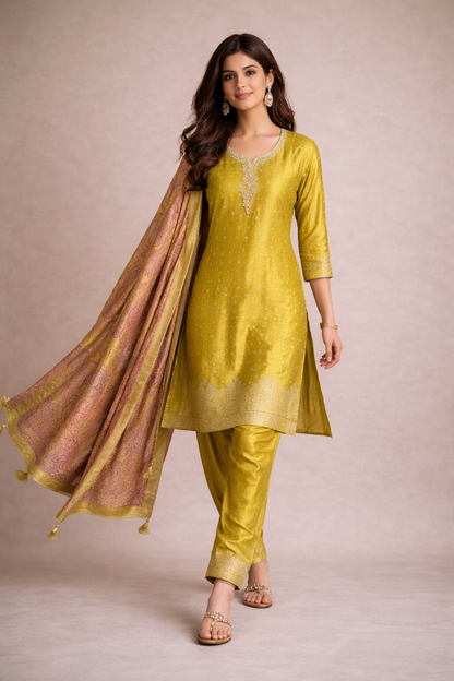 Mustard Yellow Silk Kurta Pant Set with Zari Embroidery