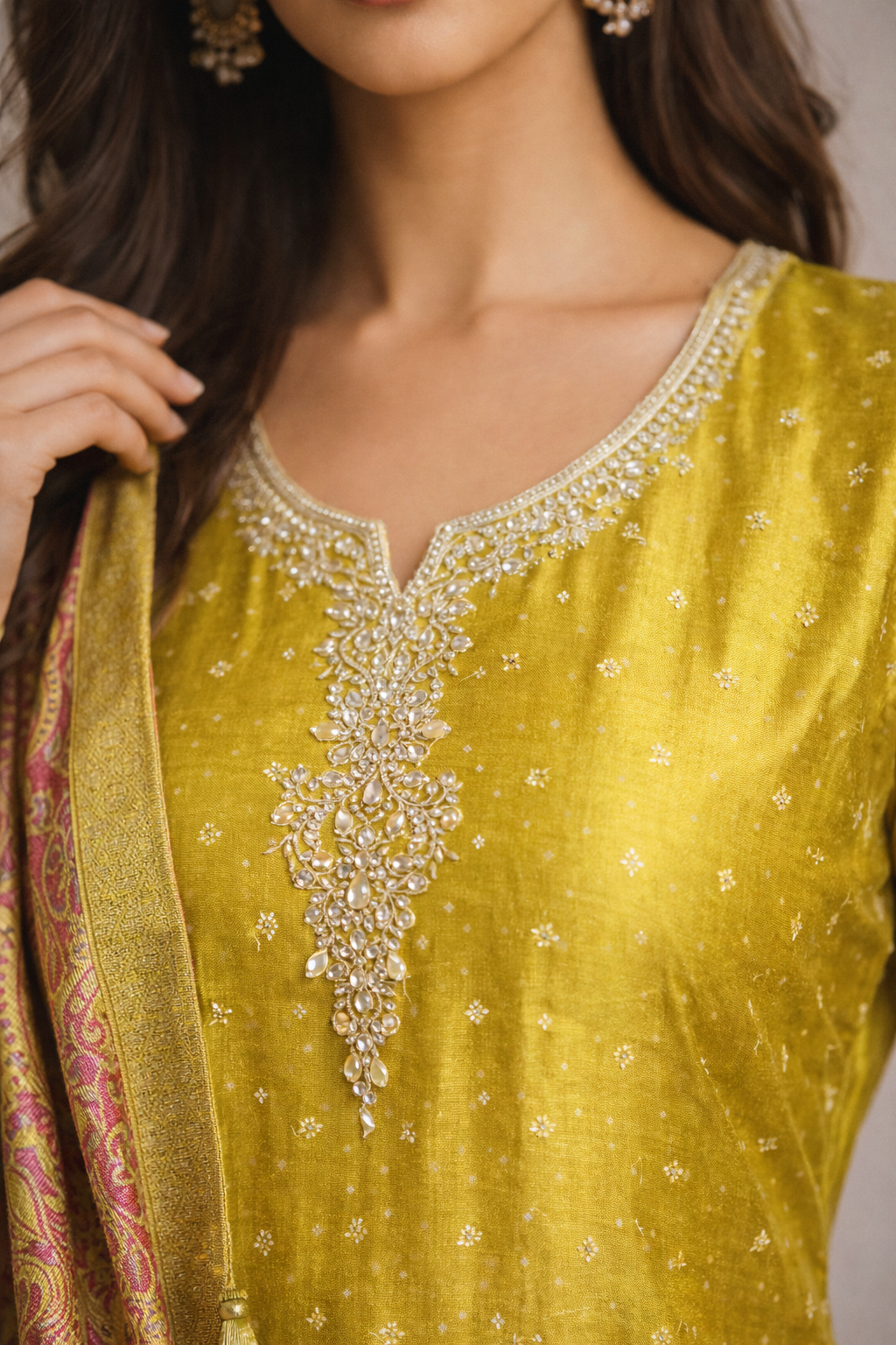 Mustard Yellow Silk Kurta Pant Set with Zari Embroidery