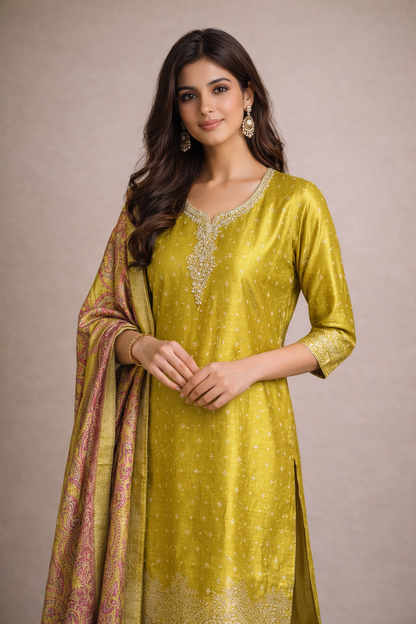 Mustard Yellow Silk Kurta Pant Set with Zari Embroidery