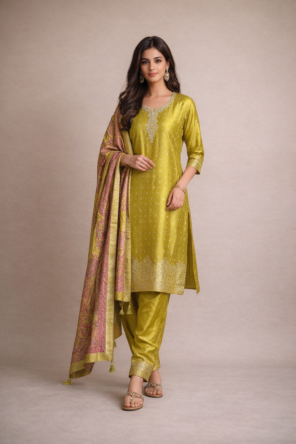 Mustard Yellow Silk Kurta Pant Set with Zari Embroidery